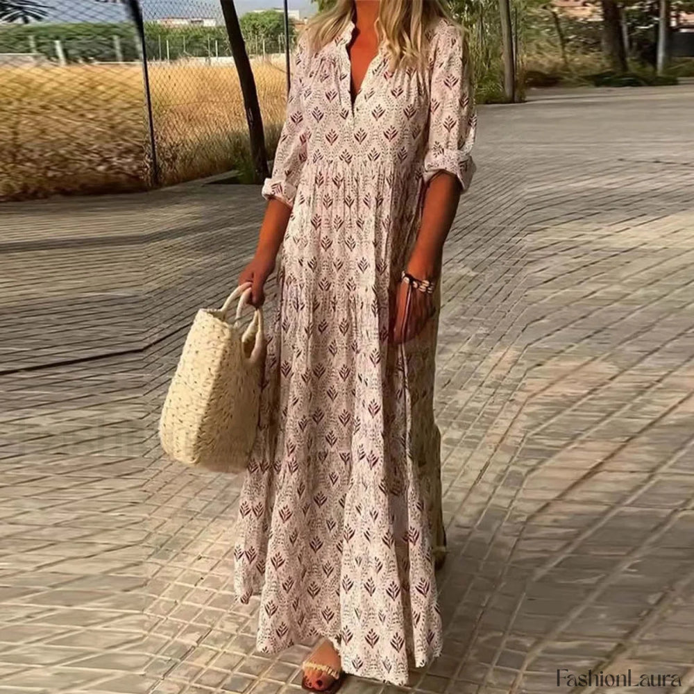 Pleated Floral Maxi Boho Dress 01 Pink / S