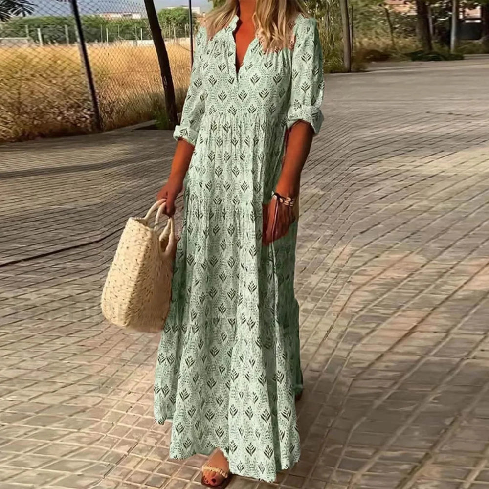 Pleated Floral Maxi Boho Dress 03 Green / S