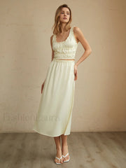 Pleated Lettuce Trim Trendy Split Midi Skirt Skirts