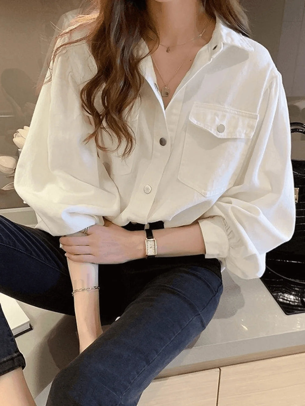 Pleated Long Sleeve Blouse White / M Shirts