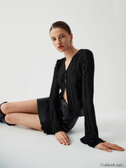 Pleated V neck Ruffle Trendy Long Sleeve Blouse Black / S Blouses