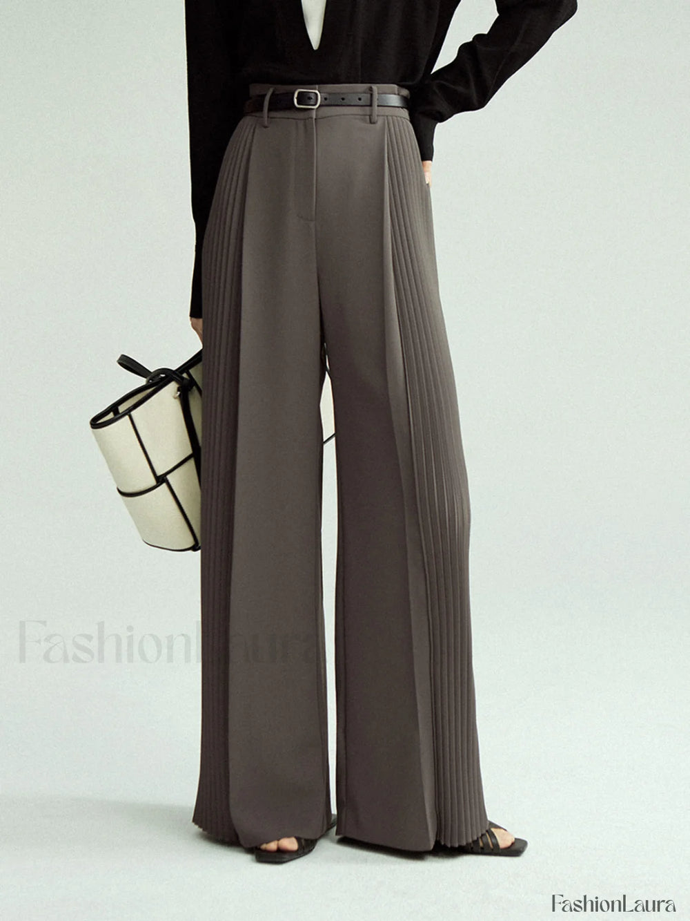 Pleated Wide Leg Trendy Pants Without Belt Grey / XS Pants