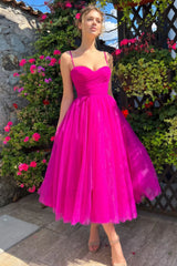 Pleats Spaghetti Stylish Straps Midi Dress S / Hot Pink