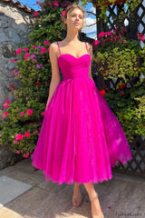 Pleats Spaghetti Stylish Straps Midi Dress S / Hot Pink