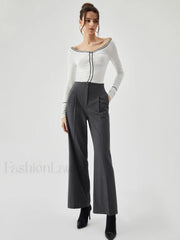 Pocket Pleated Straight Trendy Leg Dress Pants Pants