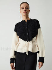 Pointelle Knit Patchwork Trendy Tie Front Sweater Black / XS Sweaters L