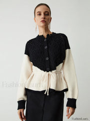 Pointelle Knit Patchwork Trendy Tie Front Sweater Black / XS Sweaters L