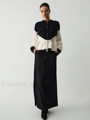 Pointelle Knit Patchwork Trendy Tie Front Sweater Sweaters L