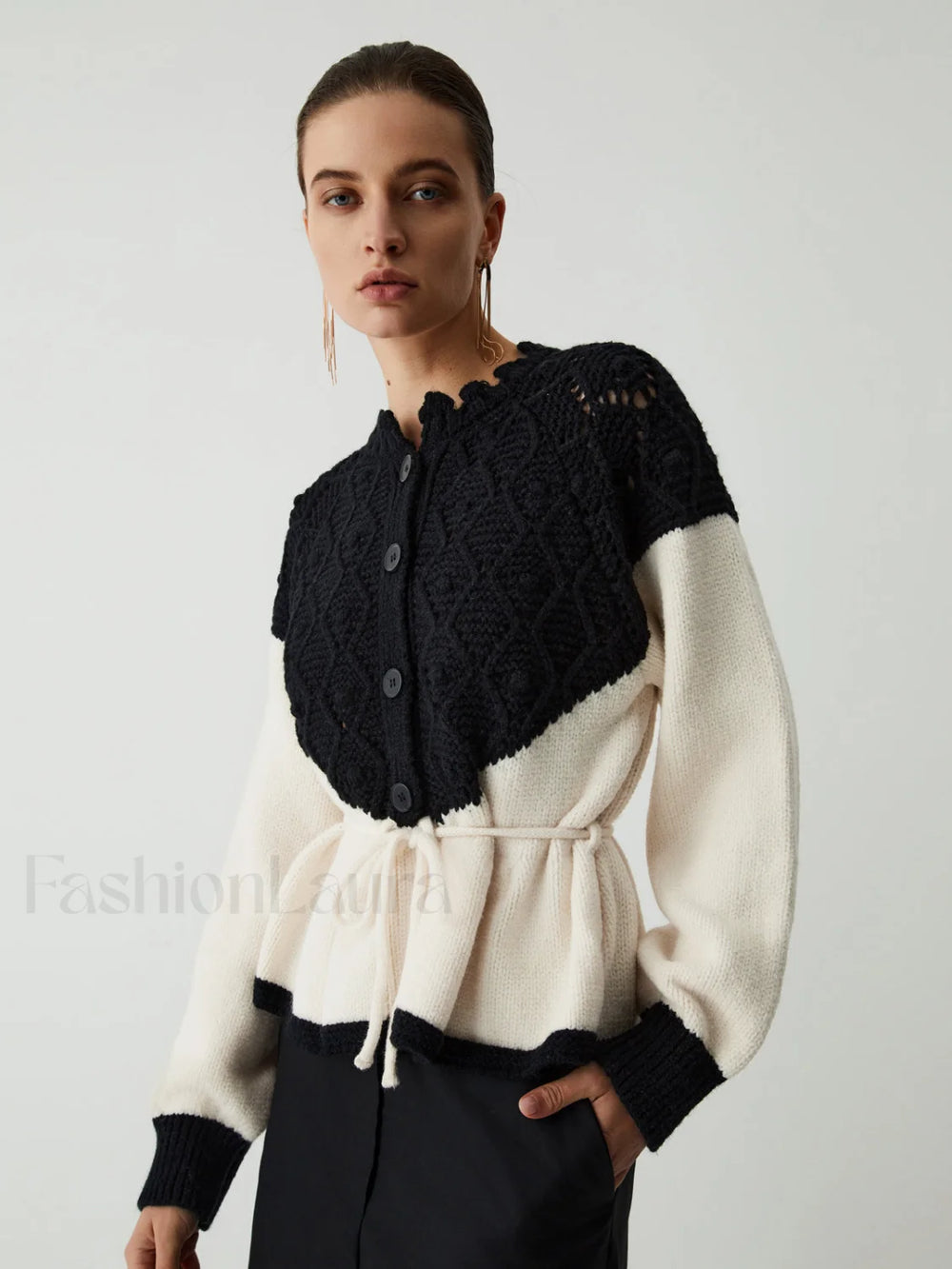 Pointelle Knit Patchwork Trendy Tie Front Sweater Sweaters L