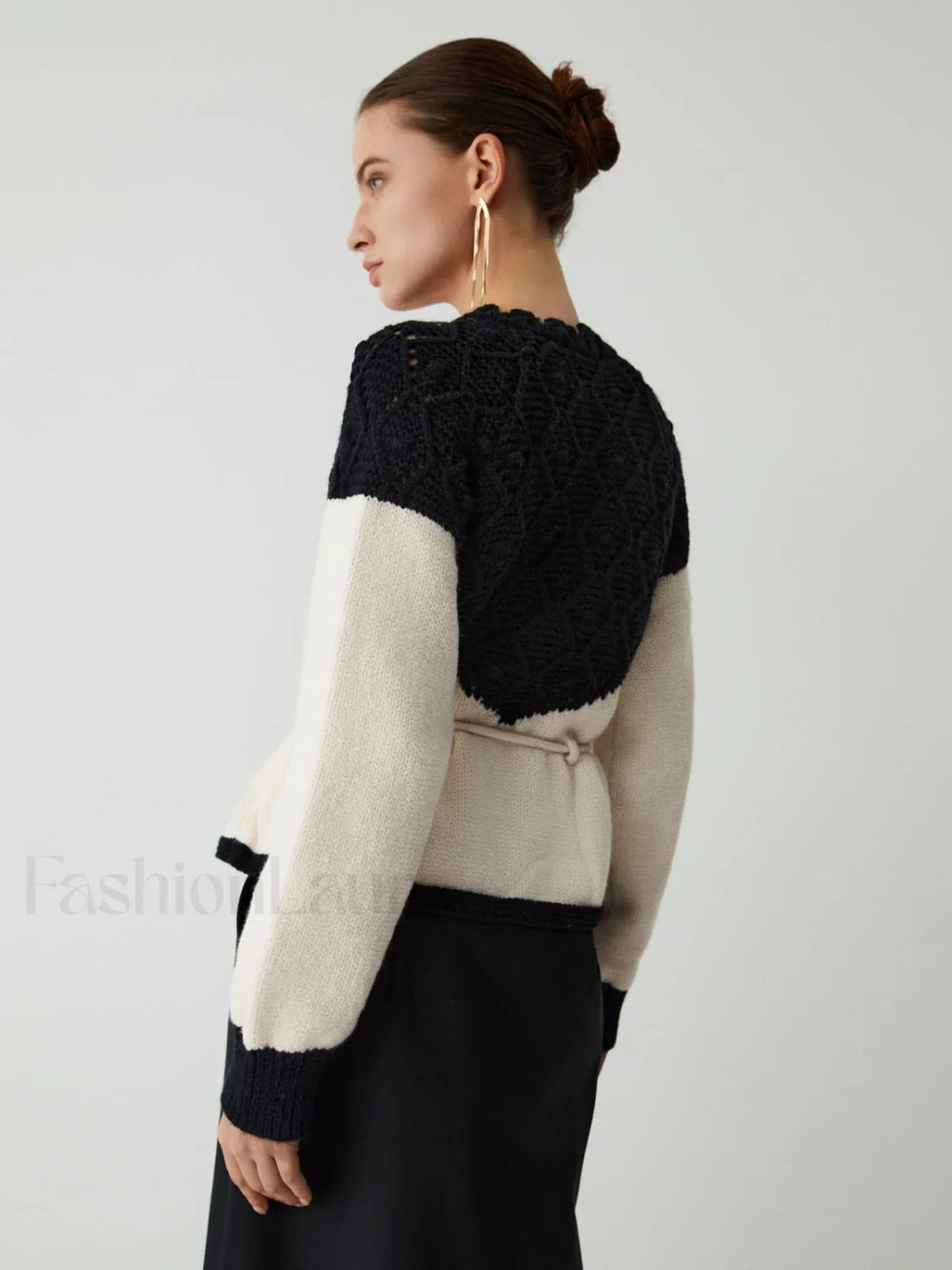 Pointelle Knit Patchwork Trendy Tie Front Sweater Sweaters L