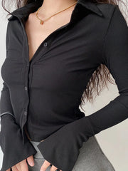 Polo Neck Long Sleeve Rib Blouse Black / S Long Sleeves