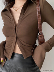 Polo Neck Long Sleeve Rib Blouse Brown / S Long Sleeves