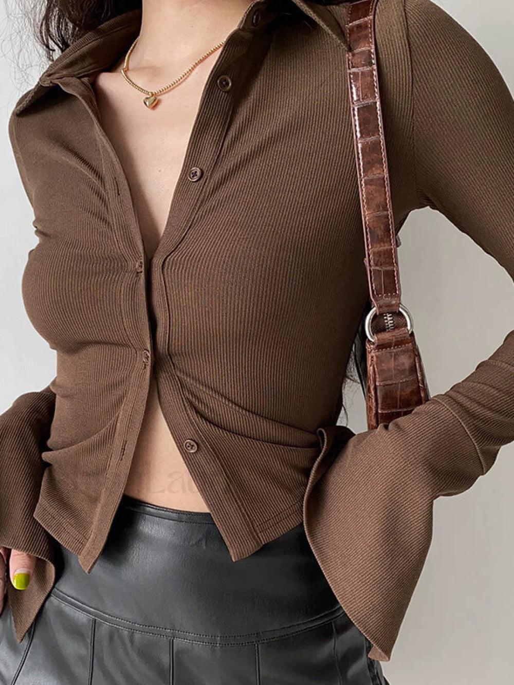 Polo Neck Long Sleeve Rib Blouse Brown / S Long Sleeves