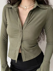 Polo Neck Long Sleeve Rib Blouse Green / S Long Sleeves