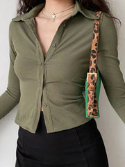 Polo Neck Long Sleeve Rib Blouse Long Sleeves