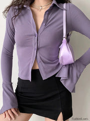 Polo Neck Long Sleeve Rib Blouse Long Sleeves