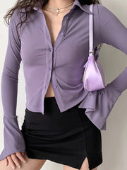 Polo Neck Long Sleeve Rib Blouse Long Sleeves