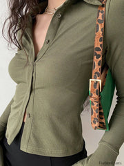 Polo Neck Long Sleeve Rib Blouse Long Sleeves