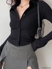 Polo Neck Long Sleeve Rib Blouse Long Sleeves