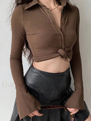 Polo Neck Long Sleeve Rib Blouse Long Sleeves