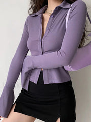 Polo Neck Long Sleeve Rib Blouse Long Sleeves