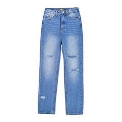 Preppy Style Cut Out High Waist Frayed Straight Leg Jeans Blue XL / Blue Jeans