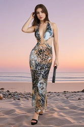 Printed Hollow Snake Pattern Sexy Perspective Floral Dress Brown / XS