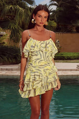 Printed Ruffle Edge Strappy Vacation Floral Dress Yellow / S