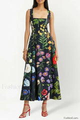 Printed Tie Back Stylish Cotton Blend Midi Dress