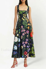 Printed Tie Back Stylish Cotton Blend Midi Dress