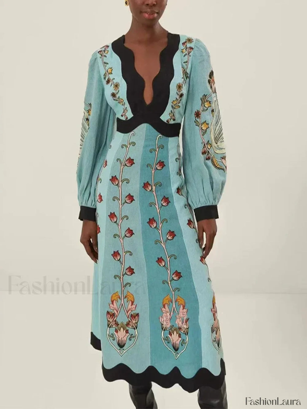 Printed Trumpet Sleeve Boho Dress Blue / S