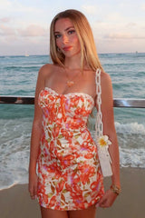 Printed Tube Top Hip Skirt Vacation Floral Dress Orange / XS