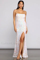 Priya Formal Iridescent Charming Sequin Scroll Dress XS