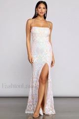 Priya Formal Iridescent Charming Sequin Scroll Dress XS