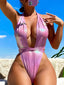 PU Leather Deep V Wrap Thong One Piece pink / XS