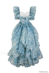 Puff Sleeve Floral Charming Organza Layered Split Dress