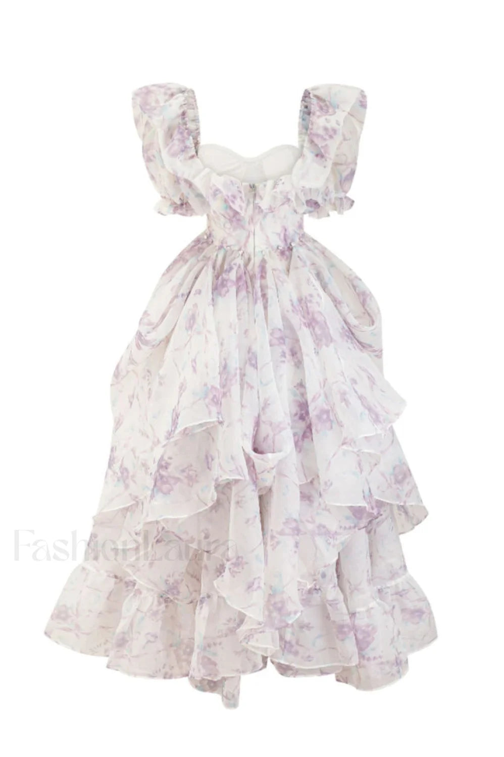 Puff Sleeve Floral Charming Organza Layered Split Dress