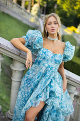Puff Sleeve Floral Charming Organza Layered Split Dress