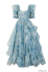 Puff Sleeve Floral Charming Organza Layered Split Dress S / Blue