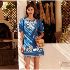 Puff Sleeve Wave Hem Boho Dress Blue / S