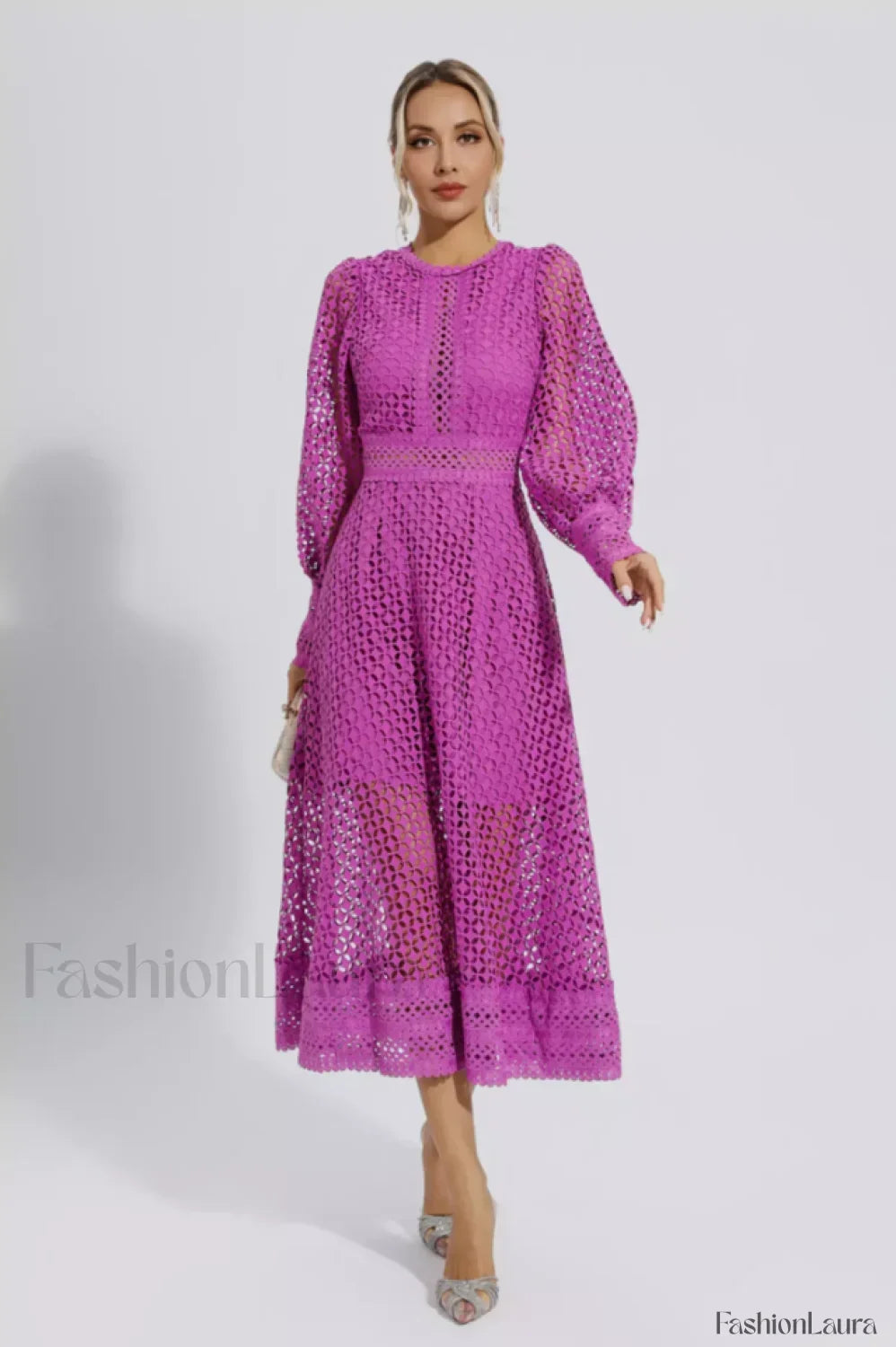 Puff Sleeves Fit Charming & Flare Midi Dress M / Purple