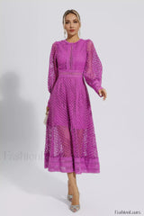 Puff Sleeves Fit Charming & Flare Midi Dress M / Purple