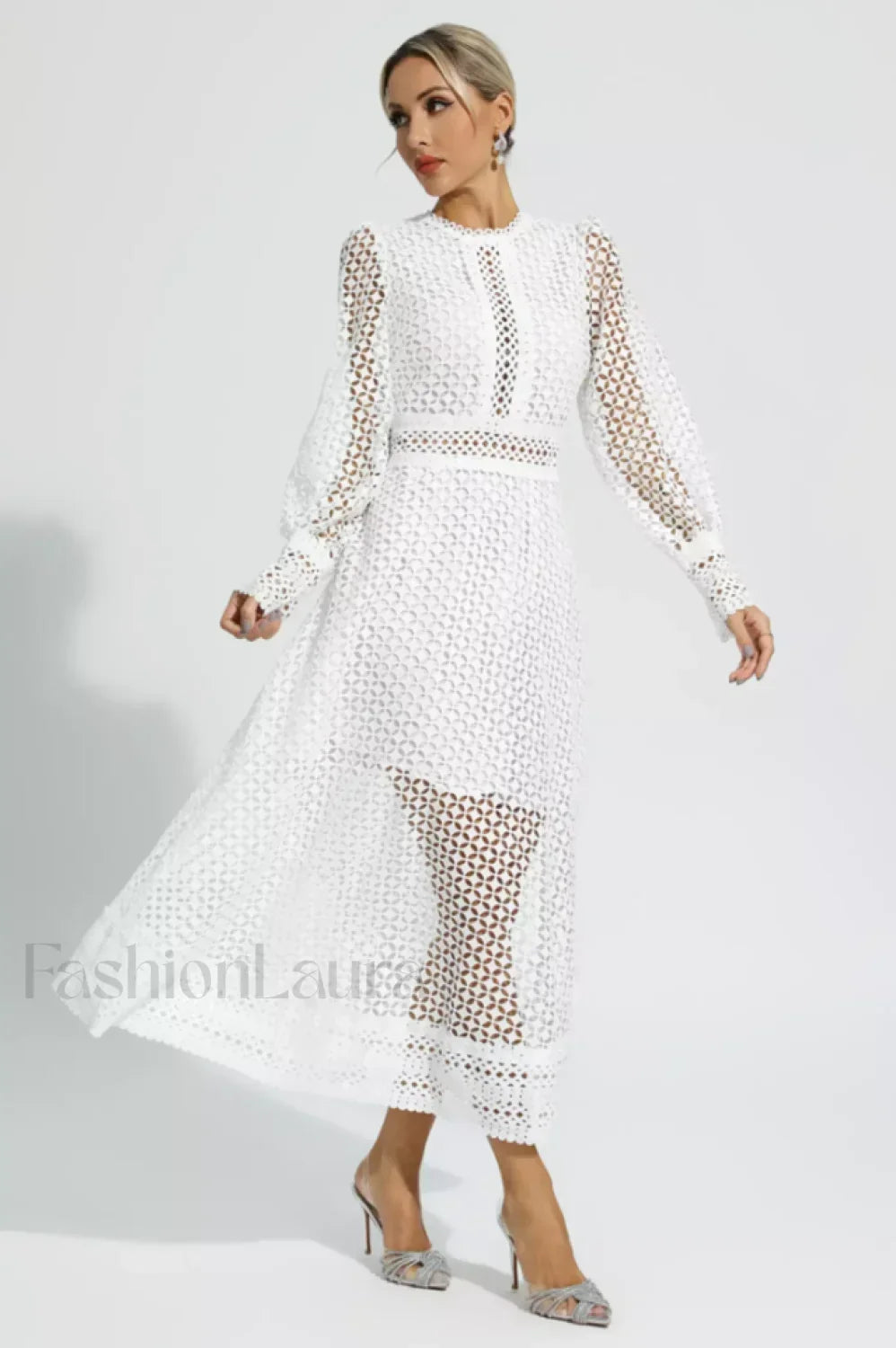 Puff Sleeves Fit Charming & Flare Midi Dress S / White