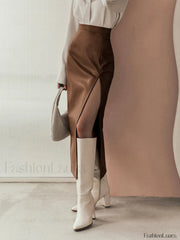Quiet Luxury Faux Trendy Leather Slit Midi Skirt Skirts