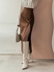 Quiet Luxury Faux Trendy Leather Slit Midi Skirt Skirts