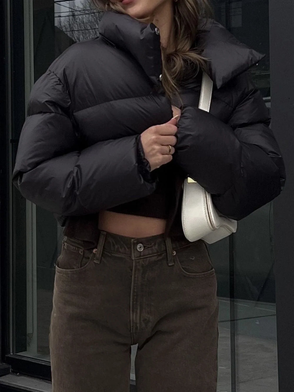 Quilted Puffer Mock Trendy Neck Crop Coat Winter Coats