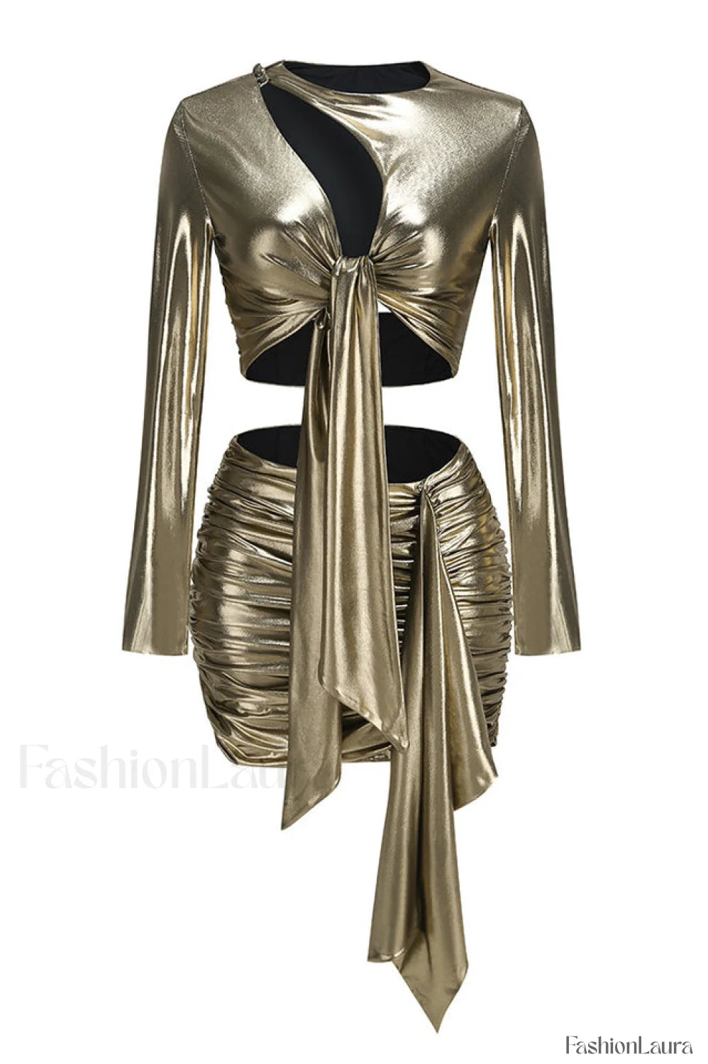 Radiance Metallic Tie Knot Graceful Top + Skirt Set XS / Gold
