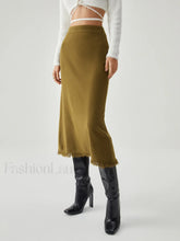 Raw Hem High Trendy Waist Midi Knit Skirt Green / S Sweaters L