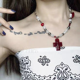 Red Heart Cross Baroque Pendant Pearl Necklace RED