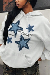 Retro Blue Star Printed Hoodie White / S